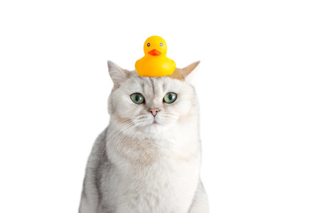 Funny white cat sits with a yellow rubber duck on his head, on a white background.の写真素材