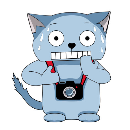 Funny cartoon cat photographer, with a scared face and in a cold sweatのイラスト素材