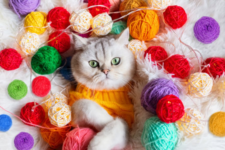 A cute white cat lies in a yellow knitted sweater, on a fluffy blanket with colorful balls of yarn.の写真素材
