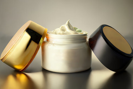 One open jar of cosmetic cream, with a gold and black lid, stand side by sideの写真素材