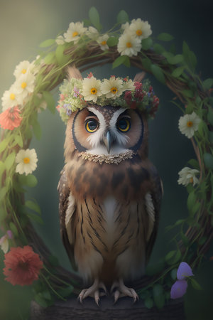 A owl in a wreath of flowers sitting nearby big wreath of flowers and branchesの素材