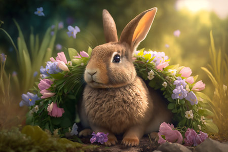 Cute rabbit peeks out of a wreath with purple flowers and grass, in spring, in natureの素材
