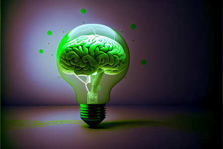 A classical glass bulb with a green glowing human brain inside stands on a dark gray background.の素材