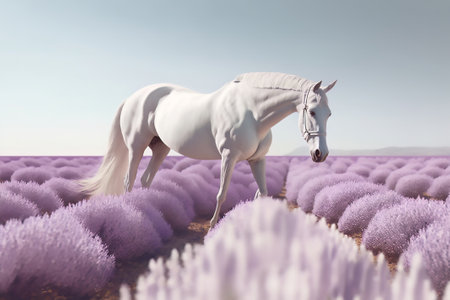 A beautiful white horse in lavender field on a sunny day.の素材