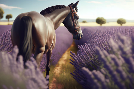 Back view of brown horse in lavender field in sunny dayの素材