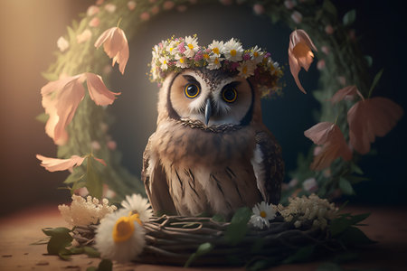 owl in a wreath of flowers, sitting in big arch of flowers and branchesの素材