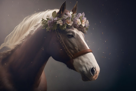Portrait of a brown horse with white mane, in a floral wreath on his head, on a dark backgroundの素材
