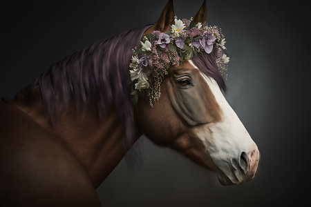 Portrait of a brown horse, in a floral wreath on his head, on a dark backgroundの素材