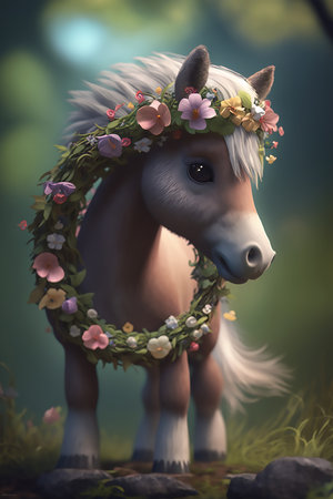 Cute little horse with white mane, in a floral wreath on his headの素材