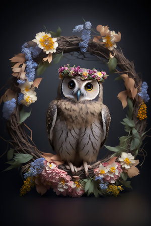 A beautiful owl in a wreath of flowers and leaves, sitting in big wreath of flowers and branchesの素材