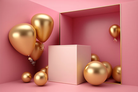 a pink empty room with pink boxes and golden balloons.の素材