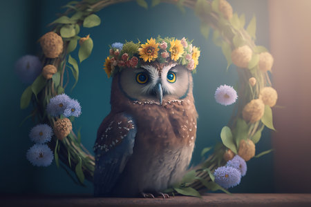 A owl in a wreath of yellow flowers, sitting in a large round wreath of flowers and branchesの素材