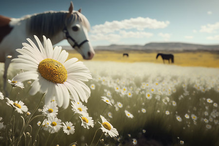 charming horses stands in a field with daisies on a sunny dayの素材