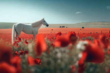 a charming white horse stands in a field with red flowers on a sunny dayの素材