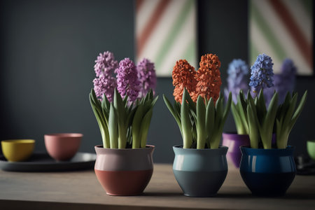 Several ceramics multicolored pots with a variety of flowering hyacinths stand on the table on kitchenの素材