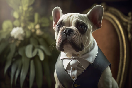 A French bulldog, in a vest and shirt, sitting on a chair, indoors, next to a flowering plant.の素材