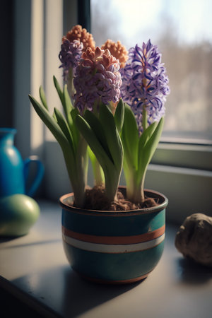 Assorted of hyacinths stand in blue ceramic pot, by the windowの素材