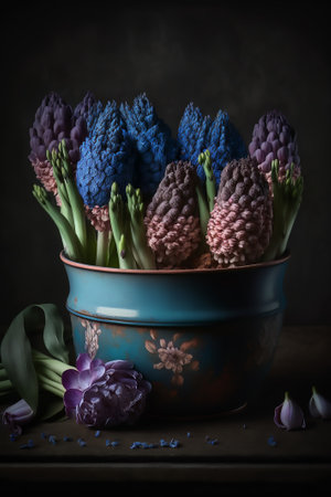 Several multicolored flowering hyacinths stand in an old ceramic pot on the tableの素材