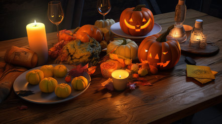 still life with Halloween pumpkins and candles on an wooden tableの素材