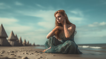 Pretty girl, in a dress, sits on the beachの素材