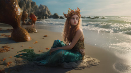 Pretty young girl, in a mermaid costume, sits on the beachの素材