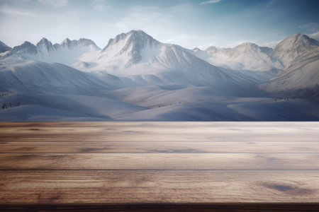 Empty brown wooden table top against winter snowy high mountains and skyの素材