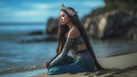 Beautiful Asian young girl with long hair, in a mermaid costume, sits on the beach.Ai generativeの素材