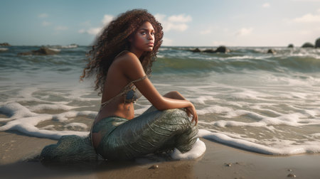 Beautiful African-American girl , in a mermaid costume, sits on the beach.Ai generativeの素材