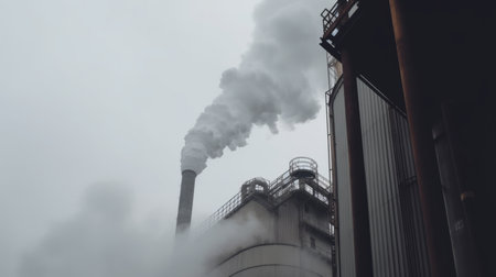 industrial chimney with heavy smoke rise on the gray smoky skyの素材