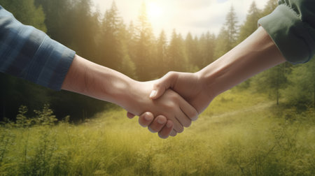 handshake of two men in shirt on the background of a field with tall grass and forestの素材