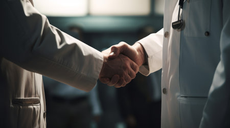 Close up of handshake of two mens in white coats, indoorの素材