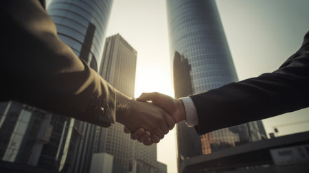 handshake of men in business suits against the background of the street and high-rise office buildingsの素材