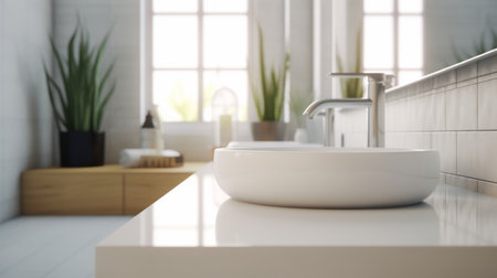 Stylish vessel sink on white countertop in modern white bathroom with green plant and windowの素材
