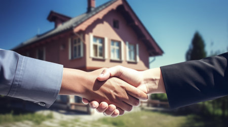 Close up of handshake of two men in business suits against the background of a two-storied country houseの素材