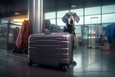 A dog sitting nearby suitcases indoors at the airport, look at cameraの素材