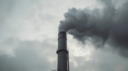 grey smoke from industrial chimney in a grey smoky skyの素材