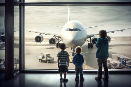 Three children watch through the airport window for a large standing planeの素材