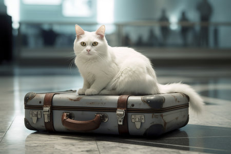 A cute white cat is lying on suitcases, in the airport roomの素材