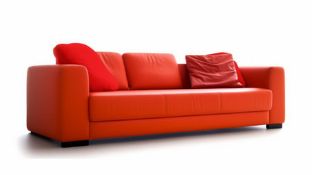 Red colored leather modern sofa with pillows, isolated on a white background.の素材