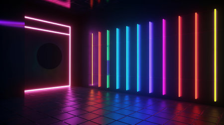 In a dark room, multi-colored neon vertical glowing stripes on a wallの素材