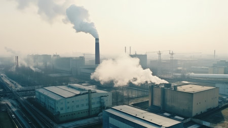 Top view of industrial landscape with chimneys with thick smoke causing air pollution in a gray smoky skyの素材