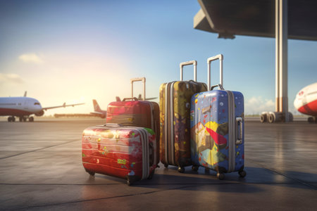Large vivid multicolored suitcases standing outdoors at the airportの素材