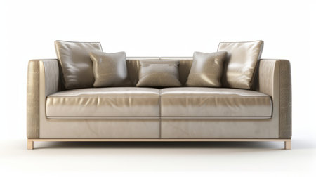 Gray colored leather modern sofa with pillows, isolated on a white background.の素材