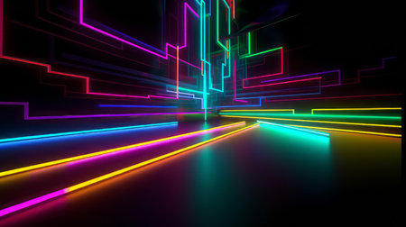 In a dark corner in the hall there are modern multicolored neon glowing strips of LEDsの素材