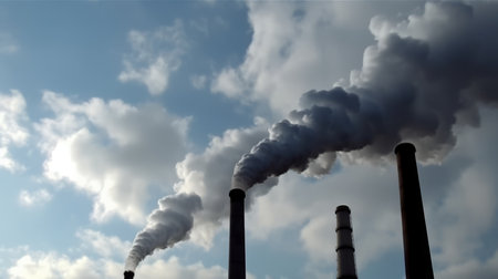 grey smoke from industrial chimneys in a blue cloudy skyの素材