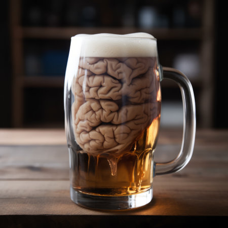 A beer mug with a human brain inside, stands on a wooden tableの素材