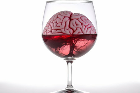 Close up of human brain lie in a wine glass , standing on a white backgroundの素材