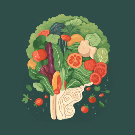 Illustration with fresh various vegetables in the form of a human brainの素材