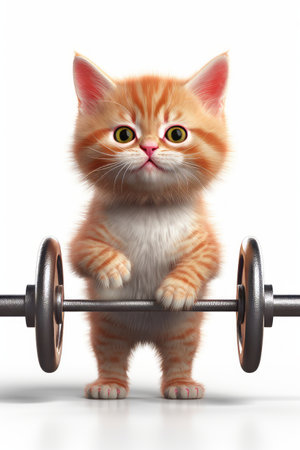 A cute red-haired kitten lifts a barbell standing on a white backgroundの素材