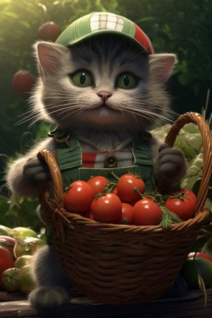 A cute farmer kitten is standing in the garden, holding a wicker basket with tomatoesの素材